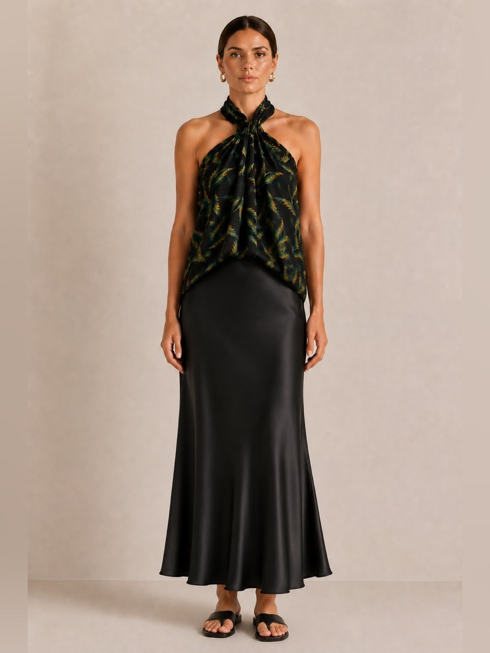 A.L.C. Leda palm print black tropical print silk twist neck halter tank. Size 2.